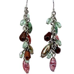Multi-Colored Art Glass Beaded Cluster Dangle Earrings 2" Silver Tone Boho